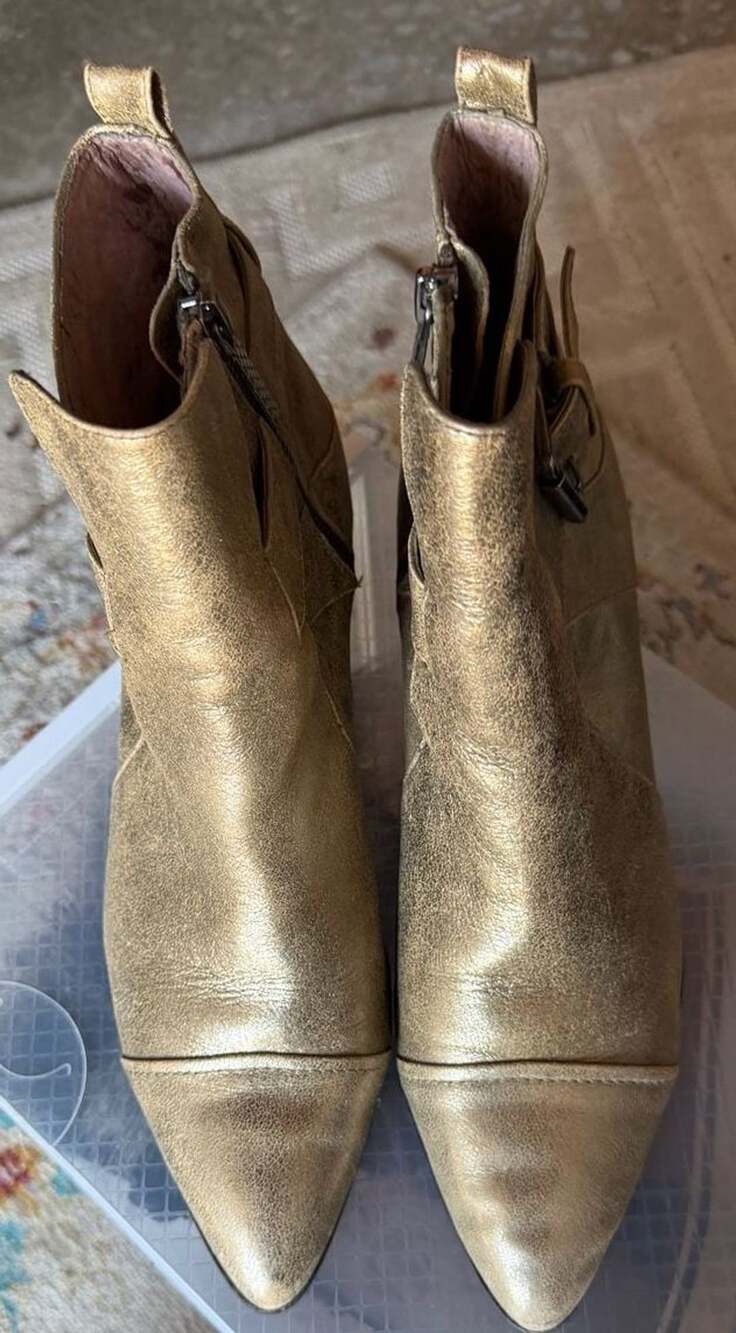 VINTAGE DONALD J PLINER Ankle Boots Size 8.5M Gold Leather Zip Block Heel